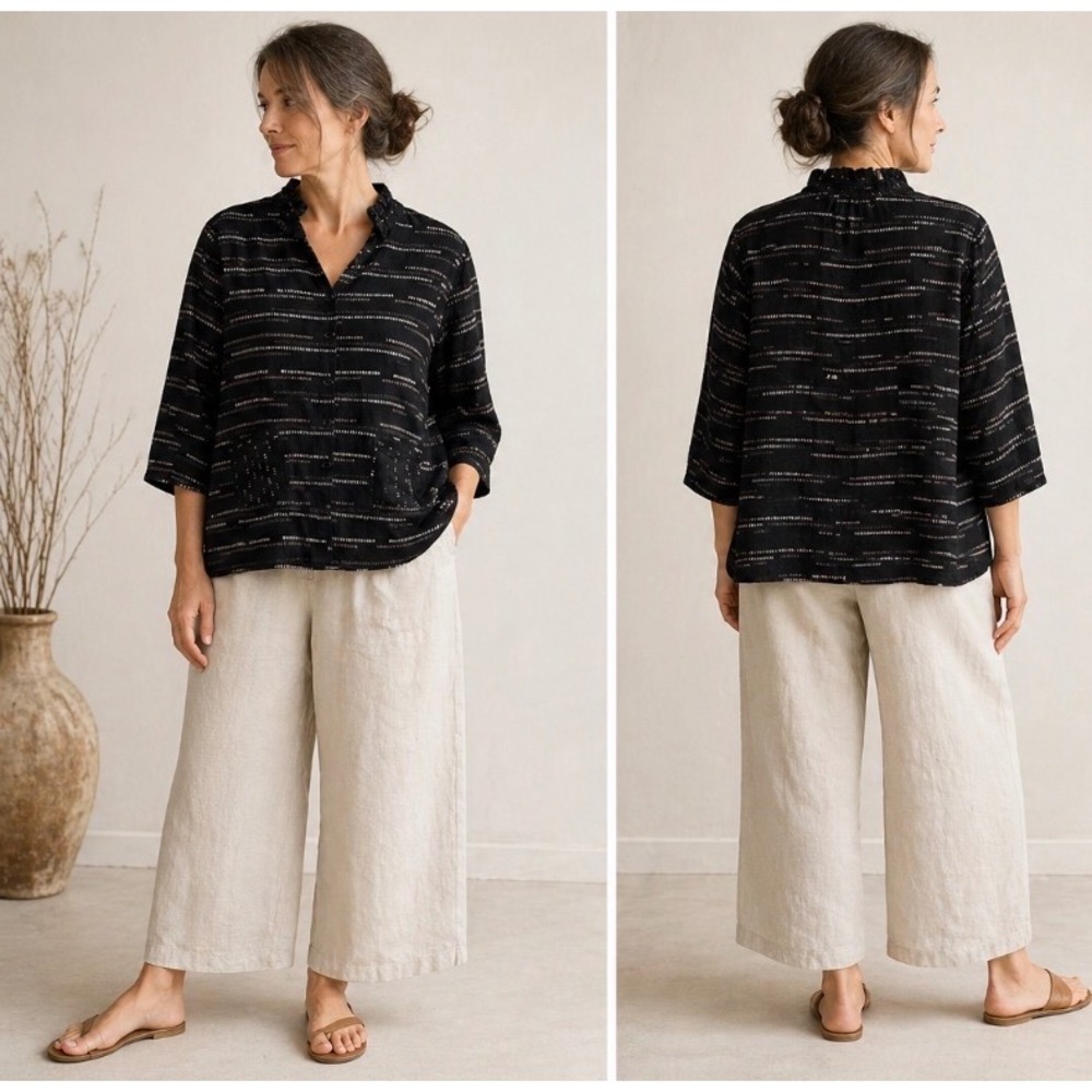 Habitat Black Patterned Top L Button Front 3/4 Sleeve Pockets Artsy Boho